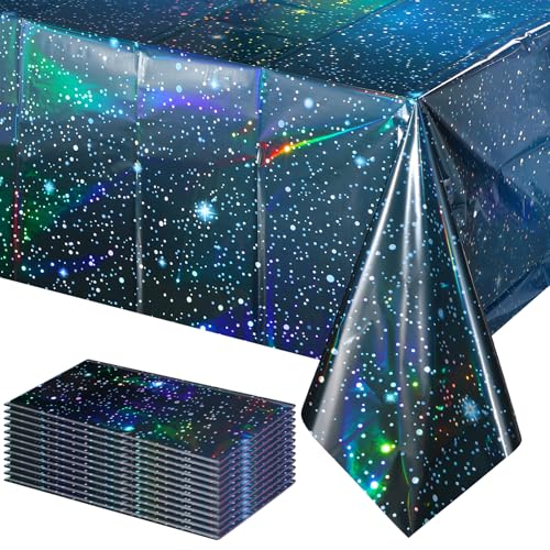 Image of 12Pcs Iridescent Space Tablecloths, Disposable Plastic Blue Galaxy Table Cloth Rectangle Table Covers for Space Starry Night Star Theme Party Birthday Party Decorations, 54x108 Inch