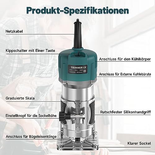 Yofuly 800W Oberfräse Holzfräse, 220V Einhandfräse Oberfräsen Trimmer 30000r/min 6.35mm Spannzangen mit 15 Pcs 1/4 Fräser Set, kantenfräse mit Tragetasche