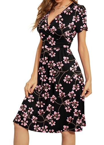Image of WEACZZY Women's Summer Short Sleeve Casual Dresses V-Neck Floral Party Dress with Pockets
