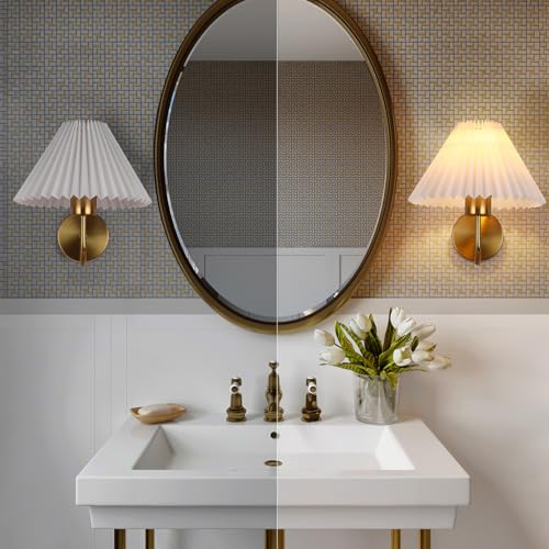 Image of Gold Wall Sconces Sets of 2, Indoor Wall Light Fixtures with Fabric Lampshade, Pleated Fabric Wall Lamp Dresser Hardwired Lamp Wall Lighting Fixture for Bedroom Living Room Porch Dining Room