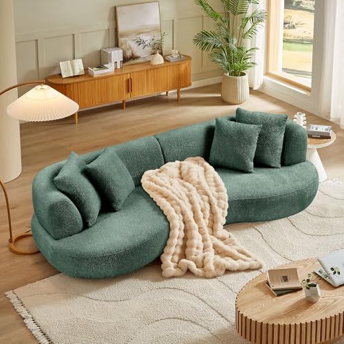 Image of KEIKI 102 inch Curved Oversized Boucle Modular Sectional Sofa with 4 Throw Pillows, Mid-Century Style 4-Seater Upholstered Corner Plush Comfy Couch, Easy Assembly, for Apartment, Living Room, Green