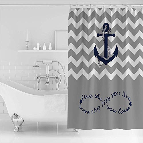 Yeho Art Gallery 60"(W) X 72"(H) Infinity Live The Life You Love,Love The Life You Live.gray And White Chevron Zig Zag Pattern With Anchor Navy Waterproof Bathroom Fabric Shower Curtain #TOP1