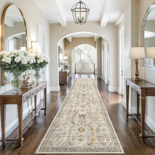 Madane Hallway Runner 3x14 - Runner Rugs 14ft Washable Entryway 14ft Rug Ruuner Vintage Kitchen Runners Non Slip Indoor Area Rug Farmhouse Carpet Runner for Bathroom Living Room Bedroom, Brown/Gold