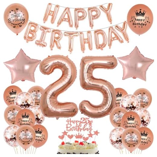 Globo de 25 cumpleaños para mujer, oro rosa, decoración de 25 años, decoración de cumpleaños para mujer, set de 25 años