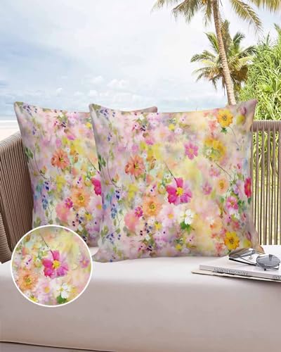 Boanket Outdoor Pillow Covers 26 x 26 in, Spring Floral Waterproof Throw Pillow Cover Set of 2, Elegant Summer Flowers Botanical Home Decorative Square Cushion Covers for Patio/Tent/Couch/Garden