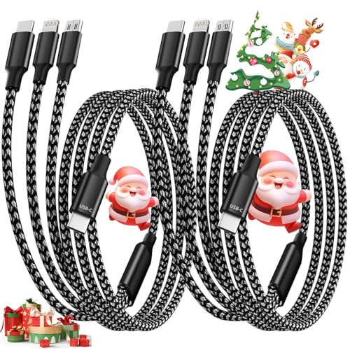 USB C Multi Charging Cable [2Pack 4FT], 3 in 1 Charging Cable Nylon Braided USB-C Multiple Charger Cord with Type-C, Micro USB and IP Port for iPhone 16/15 Series/Cell Phones and More