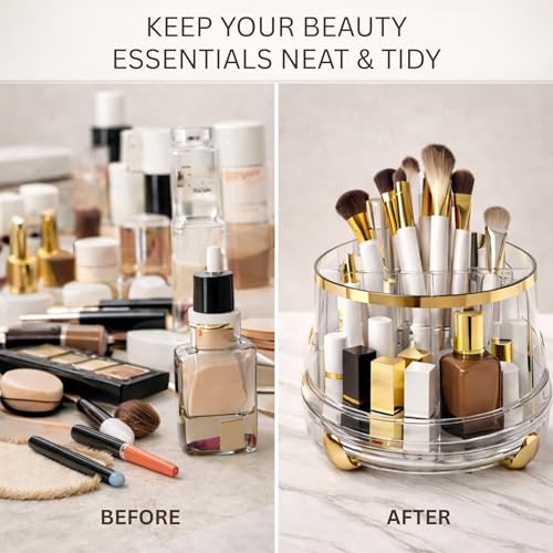 Image of KiZY Luxury 360 Rotating Makeup Brush Holder Organizer | Countertop Organizer Skincare Storage for Vanity, Desktop, Bathroom, Cosmetics | Lipstic, Eyeliners, Perfume Storage. (TRANS)