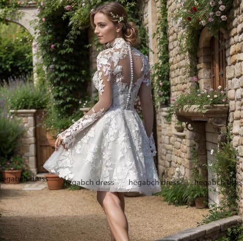 Short Wedding Dresses for Bride 2025 Lace Appliques Tulle Bride Dress with Sleeve He1082B0094