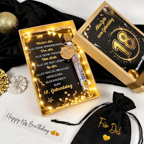 Geschenk zum 18. Geburtstag Junge Madchen, Geldgeschenke 18. Geburtstag Verpackung, Schwarz-Gold Geschenkbox mit LED Lichterkette Reagenzglas Geburtstagskarte