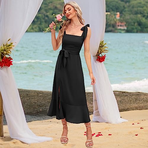 Women's Wedding Guest Midi Dresses Elegant Sleeveless Square Neck Ruffle Split Formal Beach Cocktail Party Bridesmaid Dress Black #TOP2