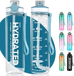 MYFOREST 1 Litre Water Bottle BPA Free, 1 Litre Water Bottle with Straw and Time Markings, 1000 ml Water Bottle for Bike, Camping, Yoga, Gym, Children, Suitable for Carbonated Drinking
