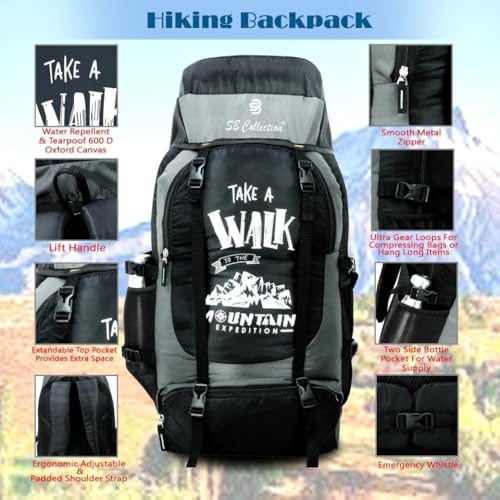 Image of SB Collection 60 L Hiking Rucksack, Water Repellent 600D Oxford Canvas, Unisex Trekking and Camping Travel Bag