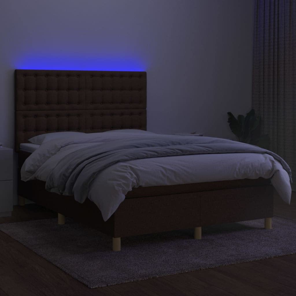 Cadre de lit, sommier à lattes, lit à sommier tapissier, avec matelas et LED, marron foncé, 140 x 190 cm, tissu silencieux, installation facile, convient pour la chambre à coucher