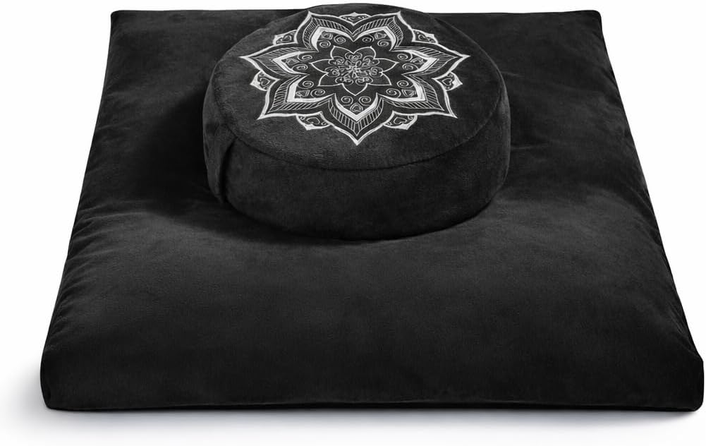 Meditation Zafu Cushion Set with Buckwheat Hulls & Memory Foam - Ergonomic Support for Yoga & Sitting - Removable Machine-Washable Luxury Velvet Cover - for Adults and Kids (Black)