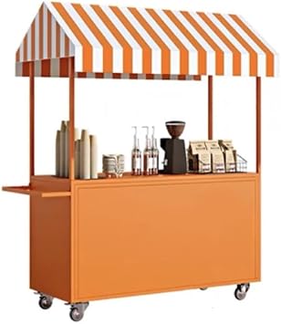 Vending Iron Cart with Striped Canopy, Mobile Food Display Stand with Wheels, Portable Food Cart for Market, Street Food and EventsOrange