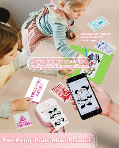 Memoking Mini Aufkleberdrucker - T02 Kleiner Thermodrucke, Tragbarer Kabelloser Notizdrucker mit 3 Rollen Papier für Kindertag, Geburtstag, Kompatibel mit iOS & Android (Rosa)