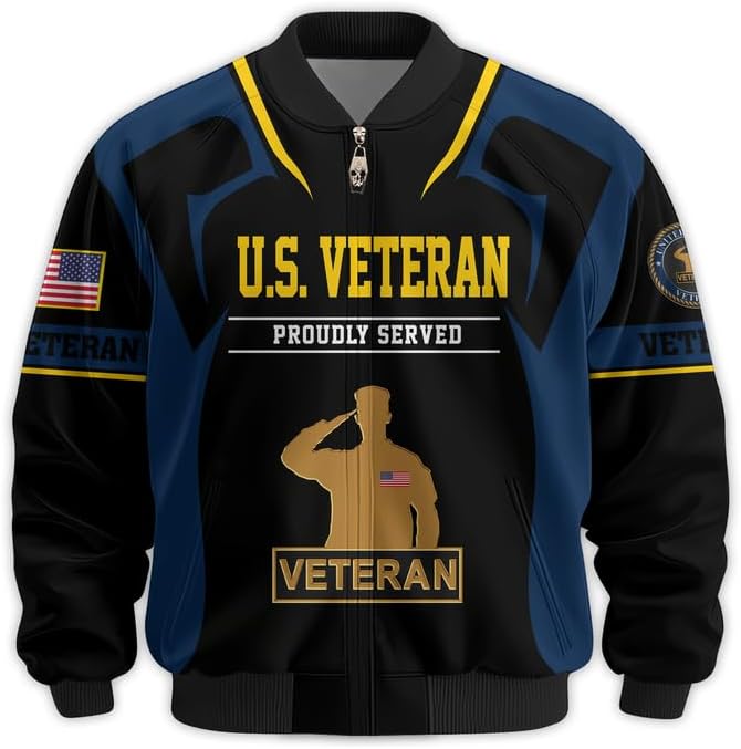 US Veteran Bomber Jacket - Proudly Served Men Military Jacket, Waterproof Coat, Veterans Day Gifts, Father's Day Gift