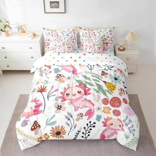 Erosebridal Kawaii Axolotl Comforter Set 7 Piece Bed in a Bag Twin,Mushroom Floral Cartoon Animal Bedding Sets Watercolor Flowers Leaves Sheet Set with Comforter