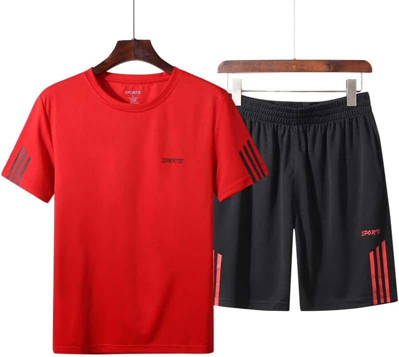 N\PMen 2 Piece Outfits Sports Suit Men's Summer Casual Solid Color Round Neck Short-Sleeved T-Shirt & Shorts Set Short Sleeve And Shorts Comfy Running Jogging Athletic Sports Set For Men