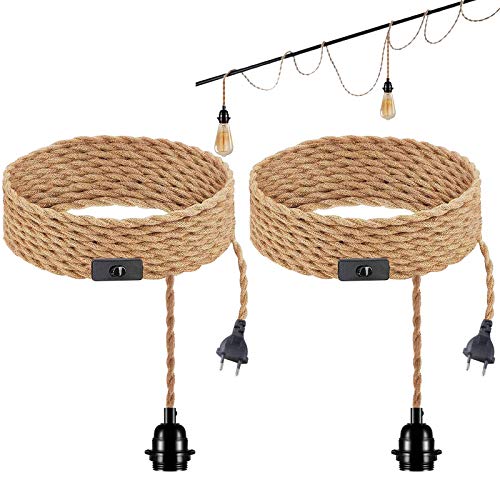 AUPERTO DIY Textilkabel Pendelleuchte - 2X4.5 Meter Gedrehten Hanfseil Industrielle E27 Vintage Hängelampe Lampenkabel mit Schalter Plug in für Halle Küchenleuchte Esstisch Bar Cover