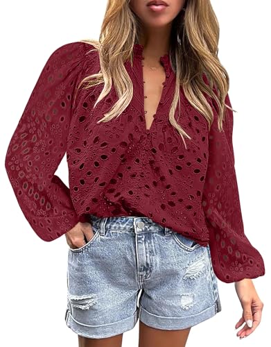 BETTE BOUTIK Women's Long Short Sleeve Tops 2025 Dressy Casual Button Hollow Out Lace Embroidered Blouses Shirts