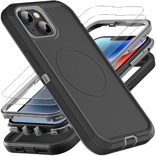YKHJKLEC for iPhone 13/iPhone 14 Case, Compatible with Magsafe, 3 in 1 Heavy Duty Shockproof/Drop Proof/Dust Proof Case with 2Pcs Tempered Glass Screen Protector (New-Black/Grey)