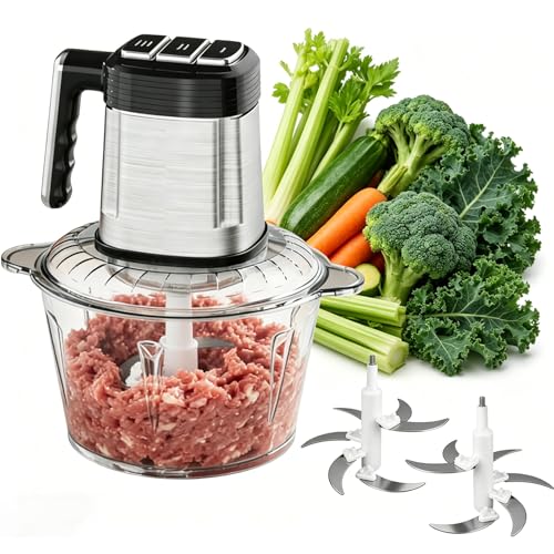 Electric Food Processor & Chopper with 2L Glass and Stainless Steel Bowls, Meat Grinder with Dual Bi-Level Blades and 3-Speed Control for Versatile Food Prep