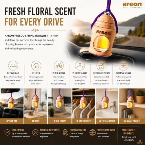 Image of AREON Fresco Premium Hanging Car Air Freshener, Spring Bouquet, Pack of 3 | Premium Wooden Hanging Car Air Freshener with an Elegant, Compact Design. Suitable for Use in Cars, Suvs, Vans, and Trucks.