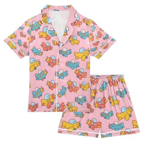 senya Cute Cartoon Airplane Satin Summer Pajama Sets Silk Short Sleeve Button Down Sleepwear