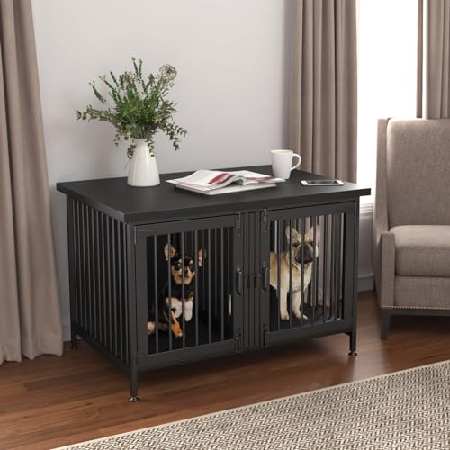 GDLF Double Dog Crate with Divider for 2 Small or 1 Dog, Furniture Style Kennel Indoor Cage with Removable Panel (Int.dims:36.2”Wx24.5”Dx21”H), Black