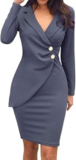 Ladies Lapel Work Business Dress Solid Shirred Long...