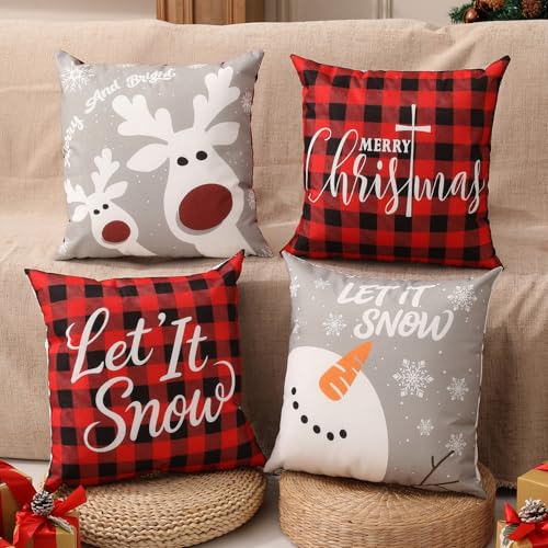 Double-Sided Print Christmas Pillow Covers 16"x16" Set of 4, 8 Cute Christmas Patterns, Tree, Reindeer, Snowman, Joy, Let It Snow, Believe Etc, Perfect for Home Decor