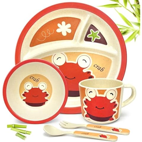 RayPard 5 Pcs Bamboo Kid Plate and Bowl Set, Unbreakable Plastic Toddler Feeding Set Children Dinnerware Set Include Divided Plate, Bowl, Cup, Spoon, Fork, Durable Cartoon Tableware (Red Crab) Cover