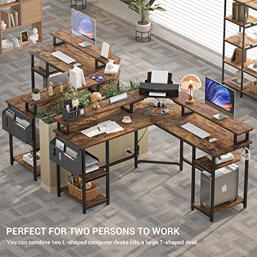 Aheaplus L Shaped Gaming Desk With Power Outlets & Led Lights, L- Shaped Computer Desk Corner Desk With Monitor Stand And Storage Shelf, Home Office Desk Writing Desk With Storage Bag, Rustic Brown #TOP5