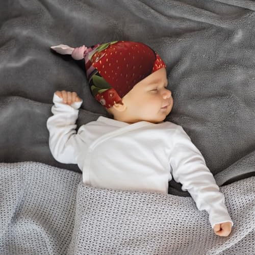 Pink Cow with Strawberries Print Newborn Baby Hat, Soft Top Knotted Beanie Cap, Cute Infant Headwear for 0-6 Months Welcome Party 5