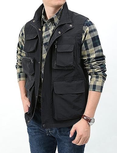Vanchenl Herren Casual Leichtgewicht Utility Weste Outdoor Angeln Safari Gilet Cargo Schießen Reise Weste mit Taschen Schwarz L