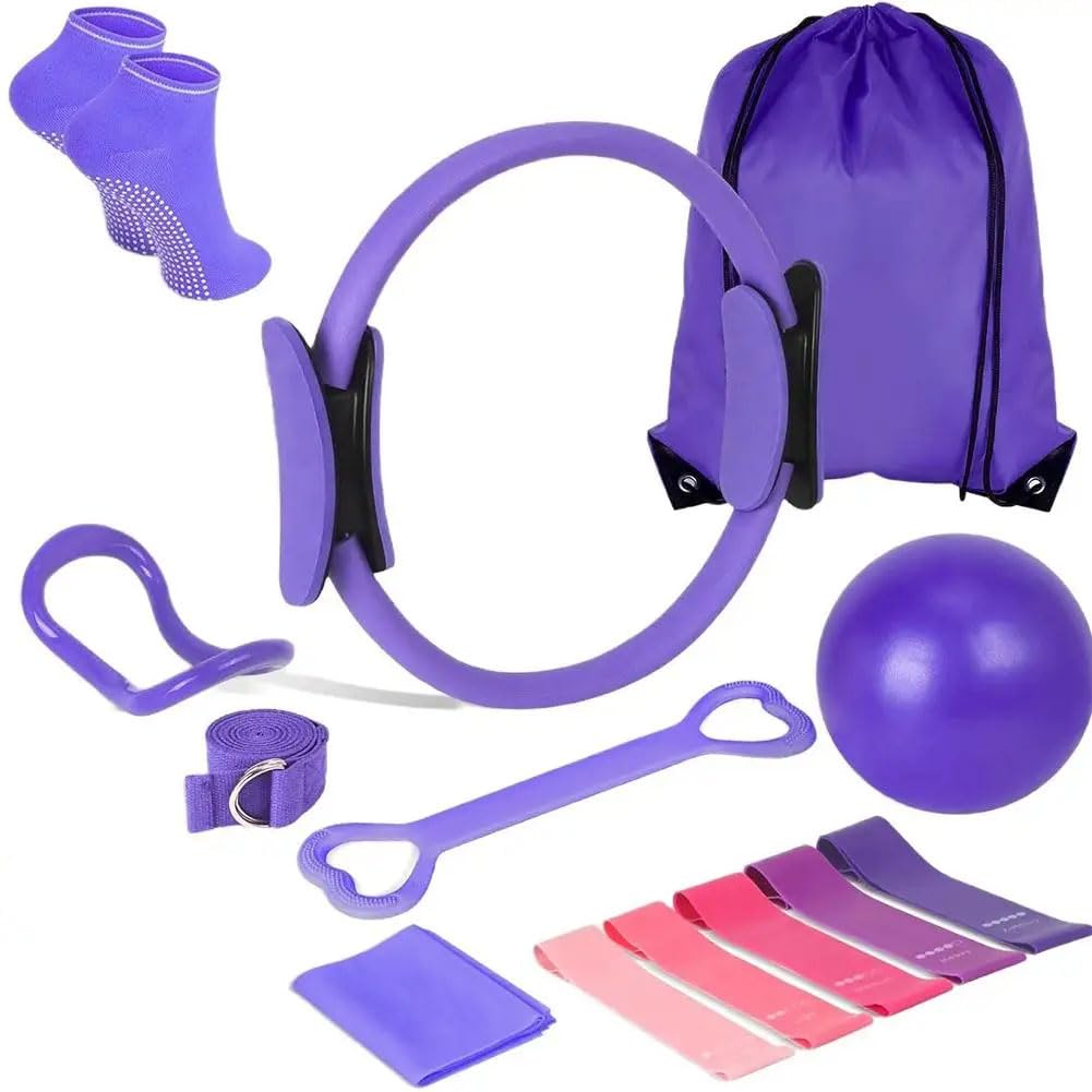 Kit de Pilates 14 pièces avec Magic Circle, ballon de yoga et bandes de résistance, gym à domicile complet pour femmes, débutants et confirmés, idéal pour pilates, yoga, étirements