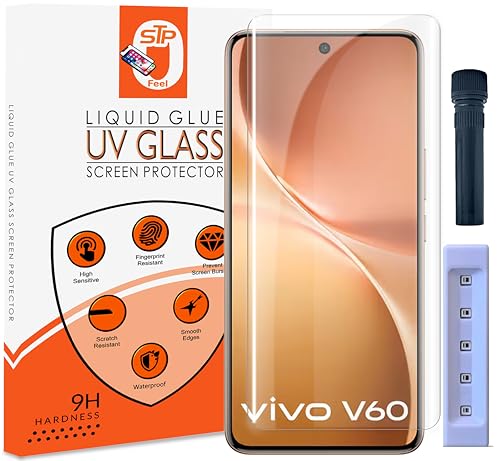 Image of STP FEEL Advanced UV Tempered Glass Screen Protector Guard Compatible For Vivo V60 5G (6.77 Inch, Pack of 1) Full Adhesive UV Curved Case Friendly HD Clarity with easy installation kit for Smartphone