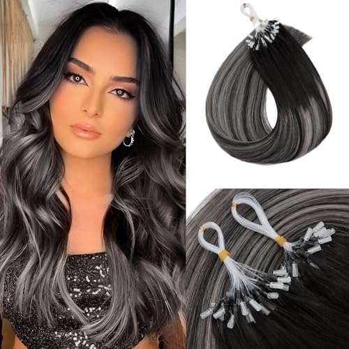 Benehair Micro Ring Human Hair Extension 20Inches Nano Rings Hair Extensions Real Human Hair 1g/strand 50g Hair Extensions Real Remy Micro Loop Human Hair Natural Black to Grey