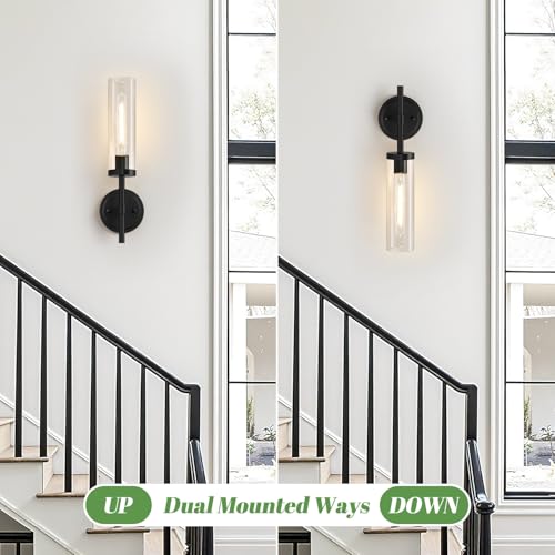 Image of MOKATNG Hardwired Wall Sconces, Matte Black Bathroom Sconces with Clear Glass, Modern Wall Light Fixtures for Bathroom Mirror Vanity, Living Room, Bedroom, Hallway, Stairway, Cabinet, Foyer
