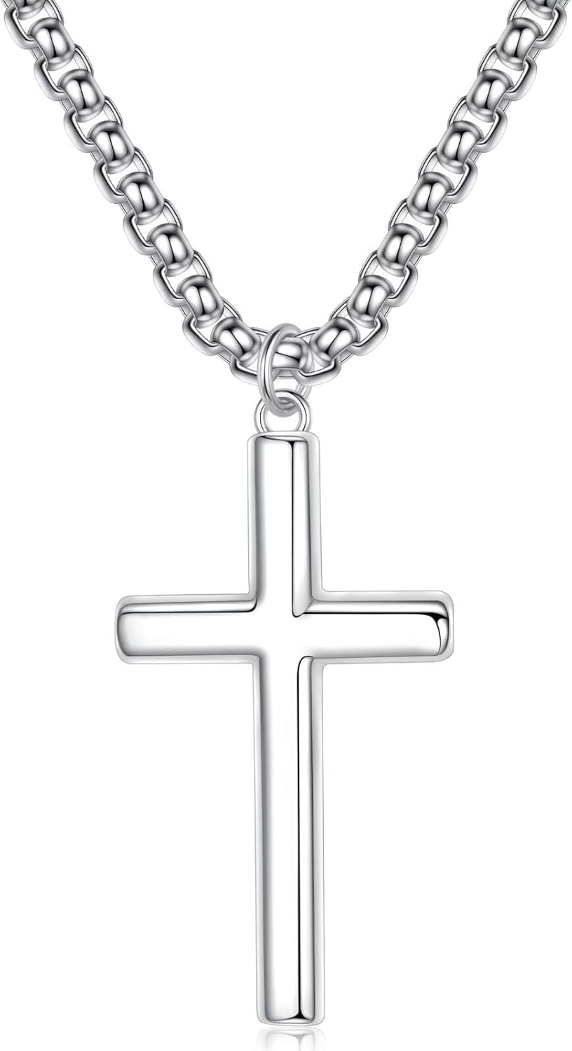 Ursteel 925 Sterling Silver Cross Pendant for Men Women - Stainless Steel Chain Mens Cross Necklace 16-24 Inches