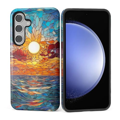 ZHEGAILIAN Case for Samsung Galaxy S24,Shockproof Hard Shell + Soft Silicone 2 in 1 Hybrid,Shockproof Bumper Drop Protective - Stained Glass Sunset Beachy