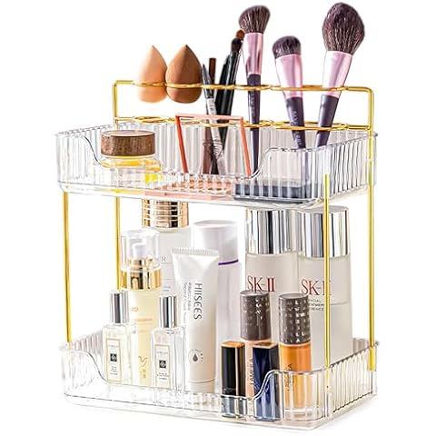 BREIS Makeup Organizer for Vanity,2-Tier Large Dresser Bathroom Countertop Cosmetic Storage with Makeup Brush Holder for Skincare Perfume Nail Polish and Toiletries Organizers(Transparent White) Cover