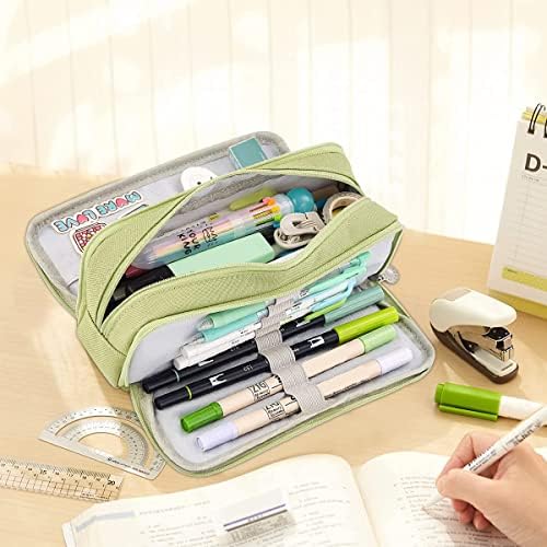 MLfire Pencil Case Large Capacity Pen Bag 3 Compartment Pen Pouch Organizer Portable Stationery Bag Holder with Zipper for School Teen Girl Boys Adults College Office Stationery Storage Box(green)