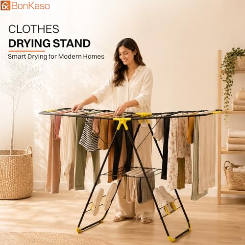 Image of BonKaso Premium Steel Foldable Cloth Dryer Stand | Heavy Duty Clothes Drying Rack with Arm Lock & Socks Holder | 147 x 60.5 x 105.5 cm | Black & Yellow