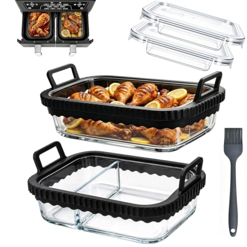 2 Stück Auflaufform Airfryer für Ninja & Cosori 2 Kammern Glasform mit Deckel & Abnehmbaren Griffen AF400EU/DZ400EU/AF500EU, Glas Airfryer Zubehör, BPA-frei, Hitzebeständig Kraztfes Spülmaschinenfest