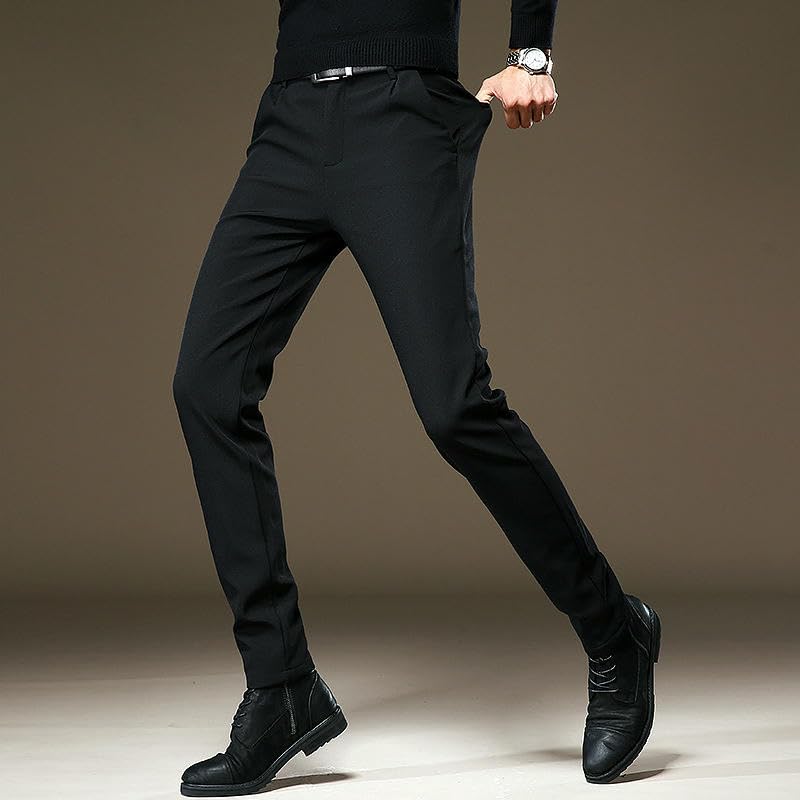 Men's Autumn Winter Korean Style Drape Business Slim Elastic Fleece Lined Black Casual Pants4