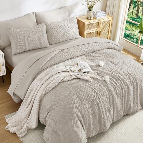 Image of Andency Oversized Queen Comforter Set 7 Piece Linen - Bed in a Bag Oversized Queen Boho Lightweight Fluffy Tufted Bedding Sets with Comforter, Sheets, Pillowcases & Shams