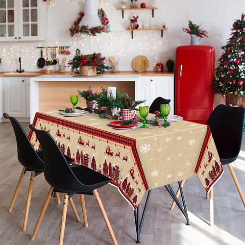 Image of Christmas Plastic Table Cover - 3 Pack Merry Christmas Buffalo Plaid Disposable Waterproof Plastic Rectangle Xmas Table Cloth Winter Holiday Party Picnic Decoration Supplies Indoor Outdoor