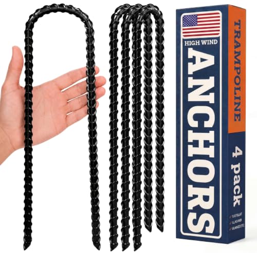Happin 12 Inch Trampoline Anchors Trampoline Stakes Ground Stakes Heavy Duty Ground Anchors Screw in Trampolines Accessories Tent Anchors Yard Spikes Galvanized Steel (4 Pack Black)